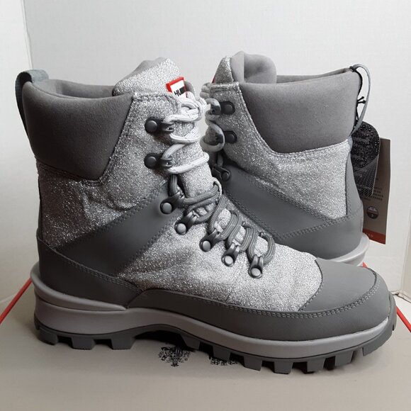 Hunter Commando Glitter Rubber Lug-Sole Snow Boots size 11M Silver/Tundra Gray - Picture 4 of 11